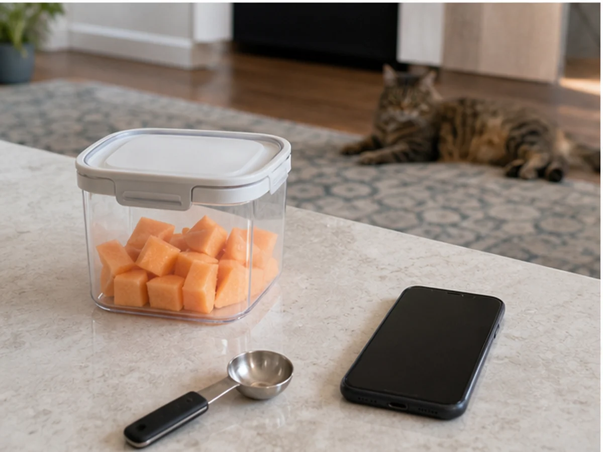 Sealed cantaloupe cubes, spoon, and phone with a cat resting away