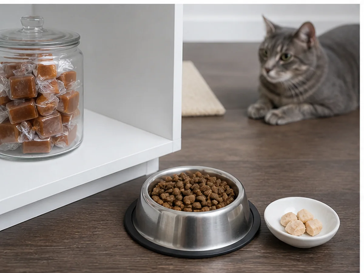 Cat safely separated from caramel in a household scene about why caramel should not become a routine reward