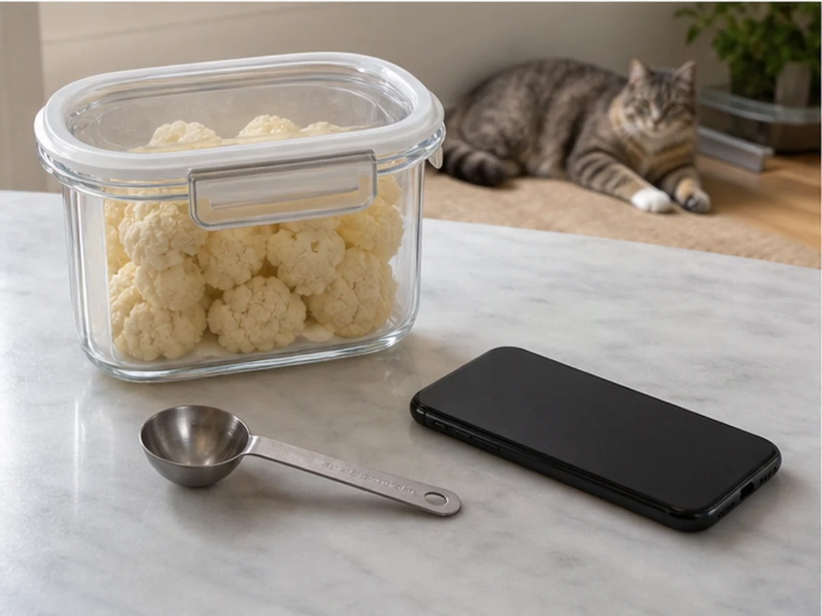Sealed cauliflower, spoon, and phone with a cat resting away