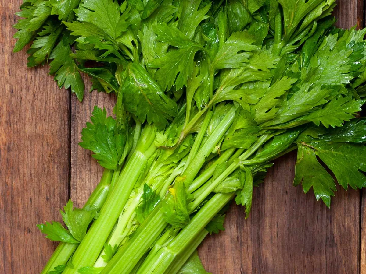 Leafy celery stalks spread diagonally across a wooden cutting board
