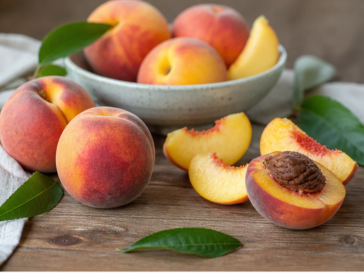 Whole and sliced peaches on a wooden table