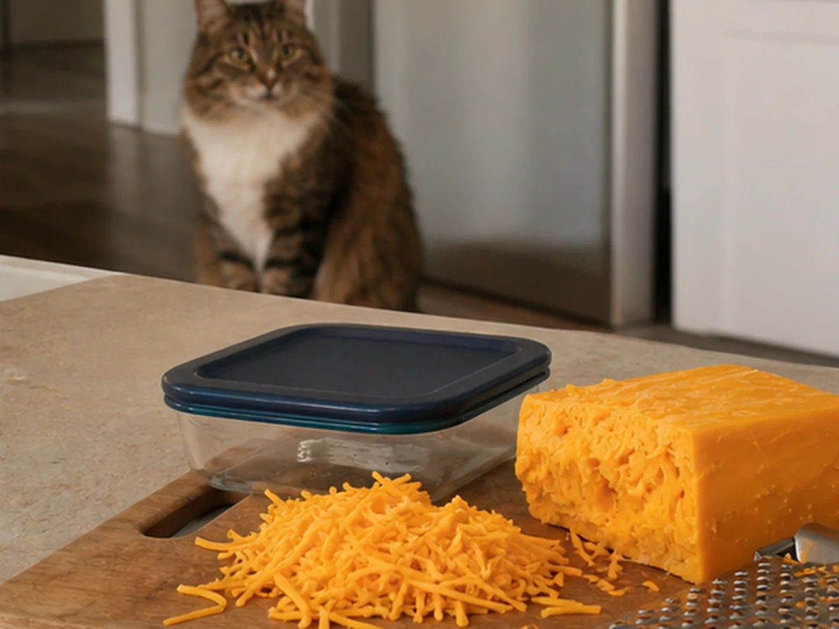 Cat kept behind a kitchen scene involving cheddar cheese