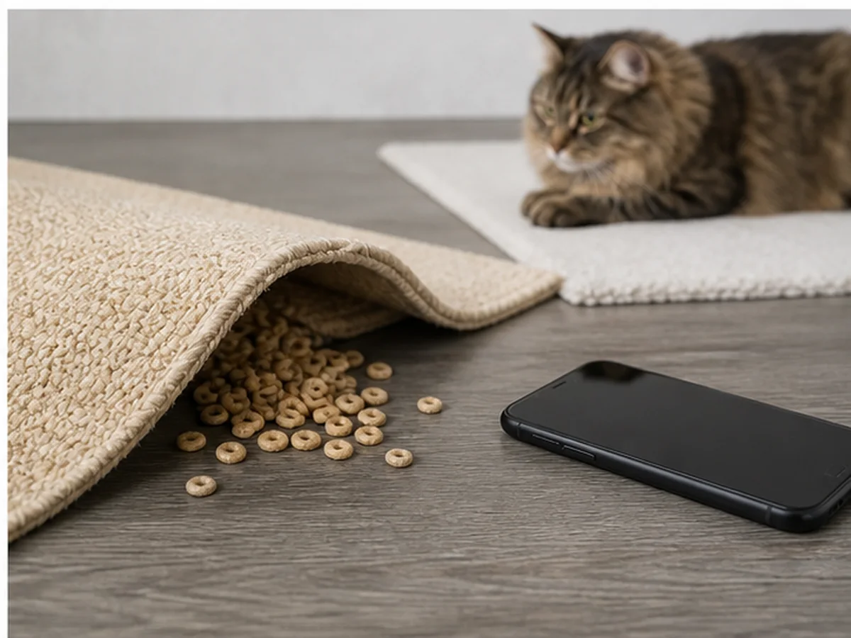 Cat safely separated from cheerios in a household scene about what to do after a cereal spill