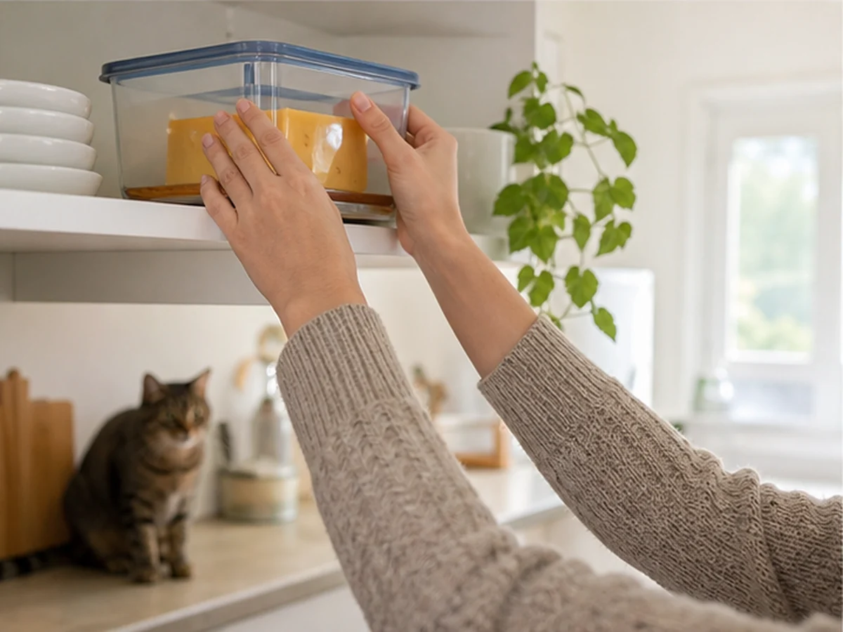 Hands securing cheese on a high shelf with a cat distant