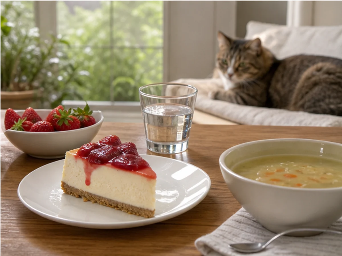 Sealed cheesecake slice, spoon, and phone with a cat resting away