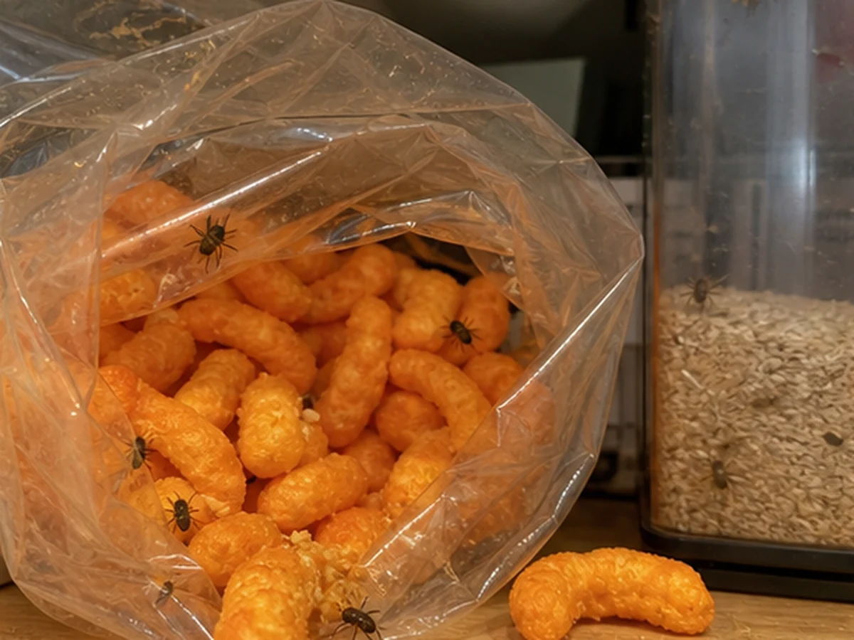 Secure kitchen storage scene involving cheetos
