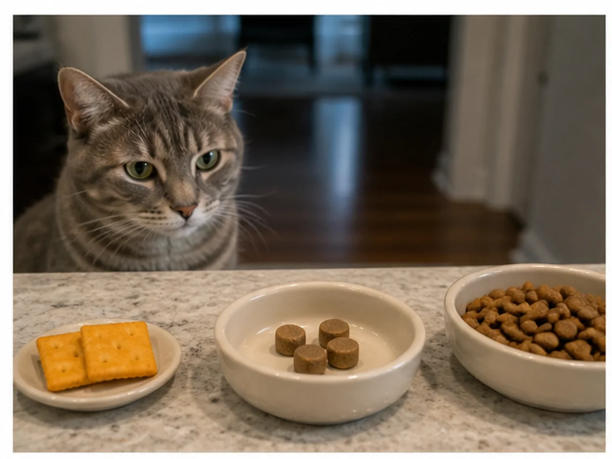 Cat safely separated from cheez its in a household scene about cheese crackers around medication