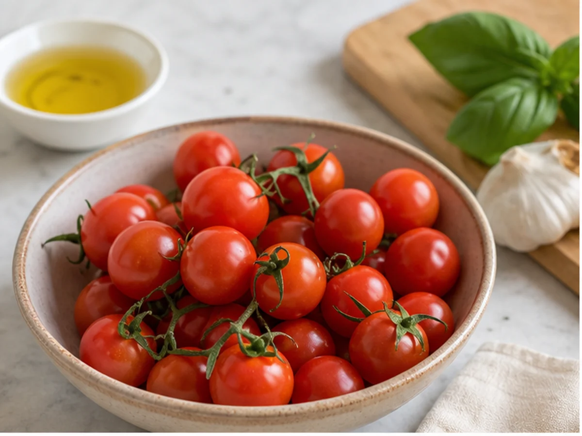Ripe red cherry tomatoes in a white bowl with green leaves
