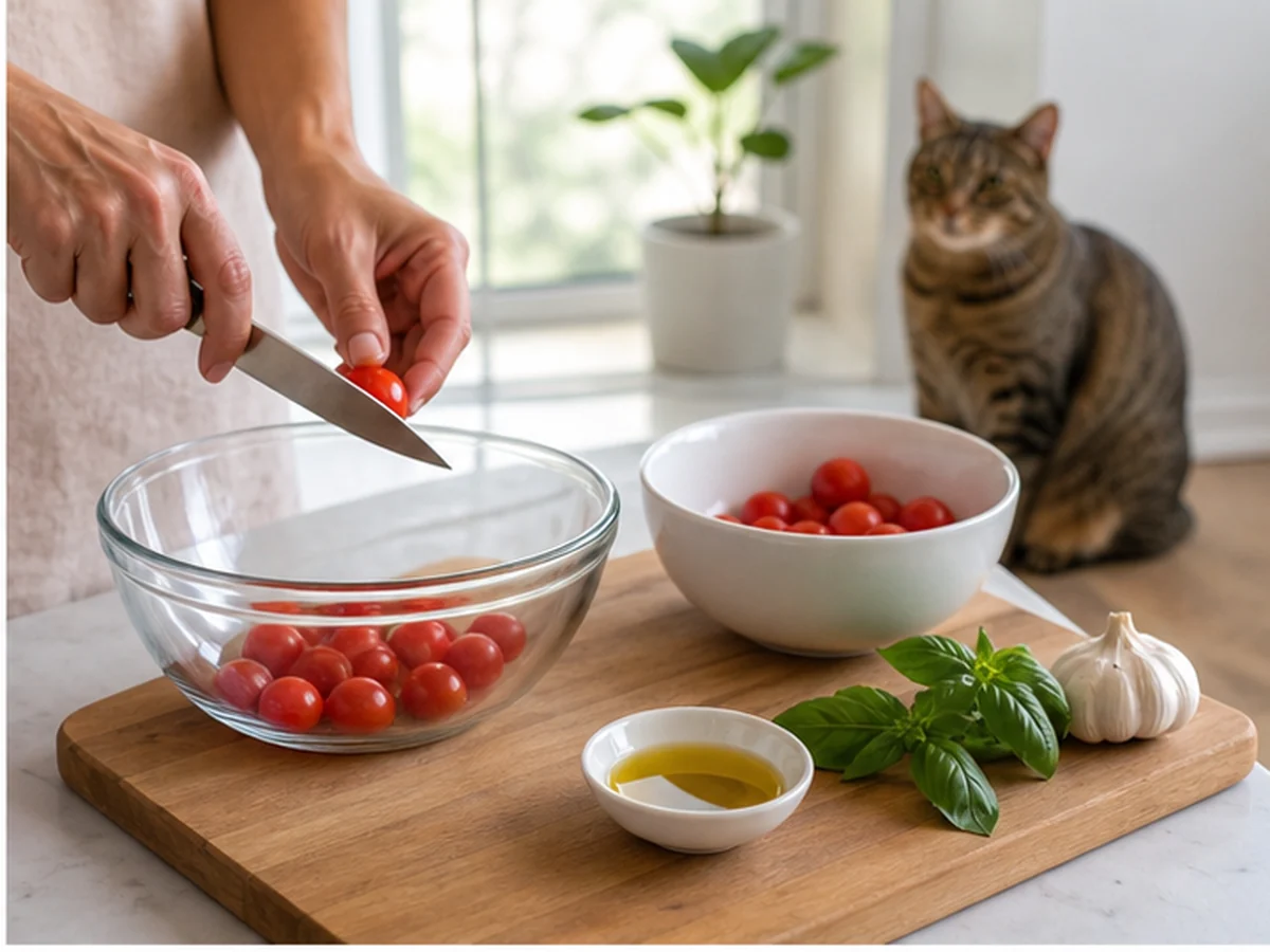 Cherry tomatoes beside an unlabeled sauce jar and recipe ingredients