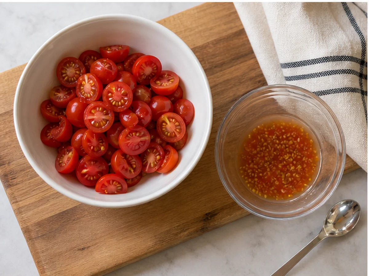 Halved ripe cherry tomatoes on a board with a cat distant