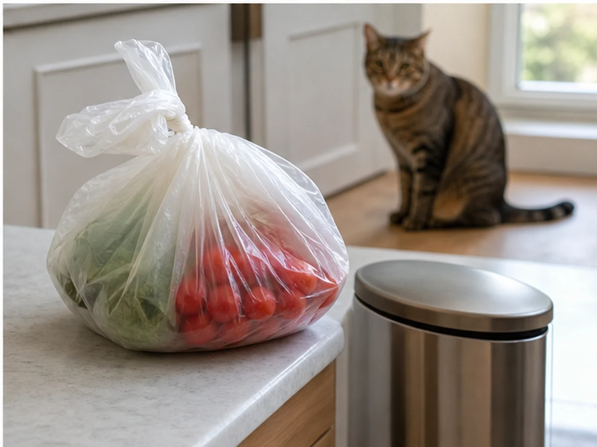 Produce bag tied shut inside a lidded bin with a cat distant