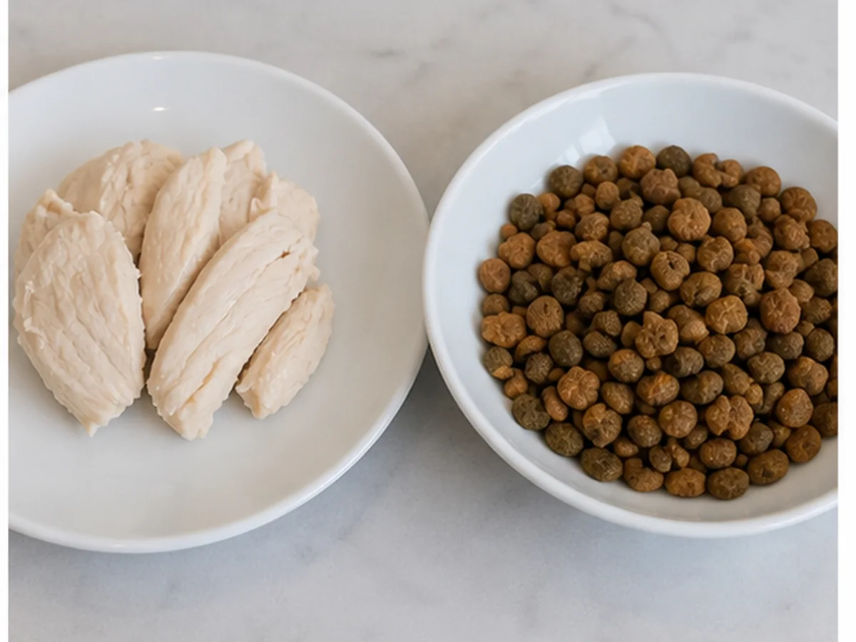 Cat safely separated from chicken in a household scene about chicken is nutritious, but chicken alone is not a diet