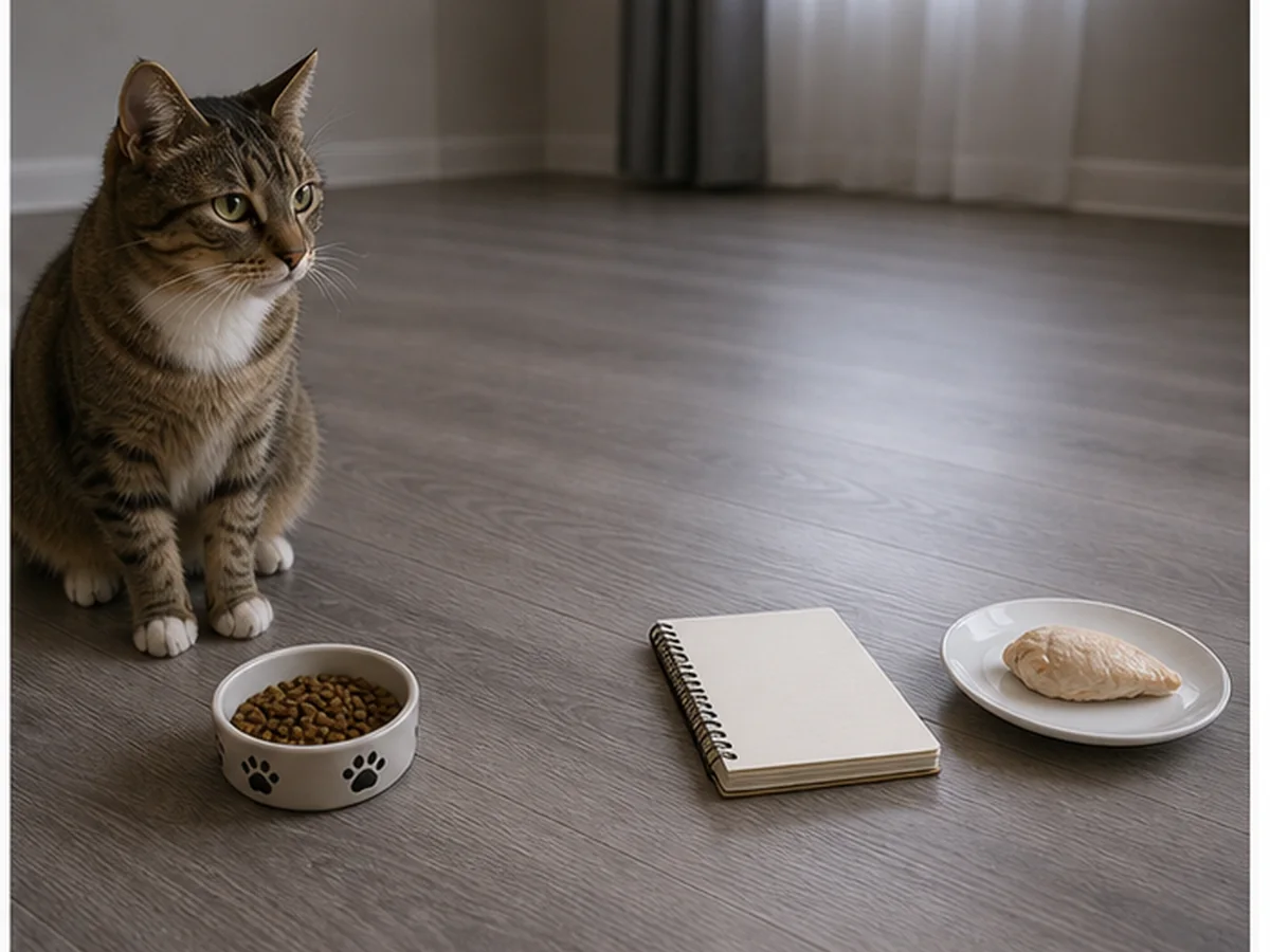 Cat safely separated from chicken in a household scene about food allergy versus an upset stomach