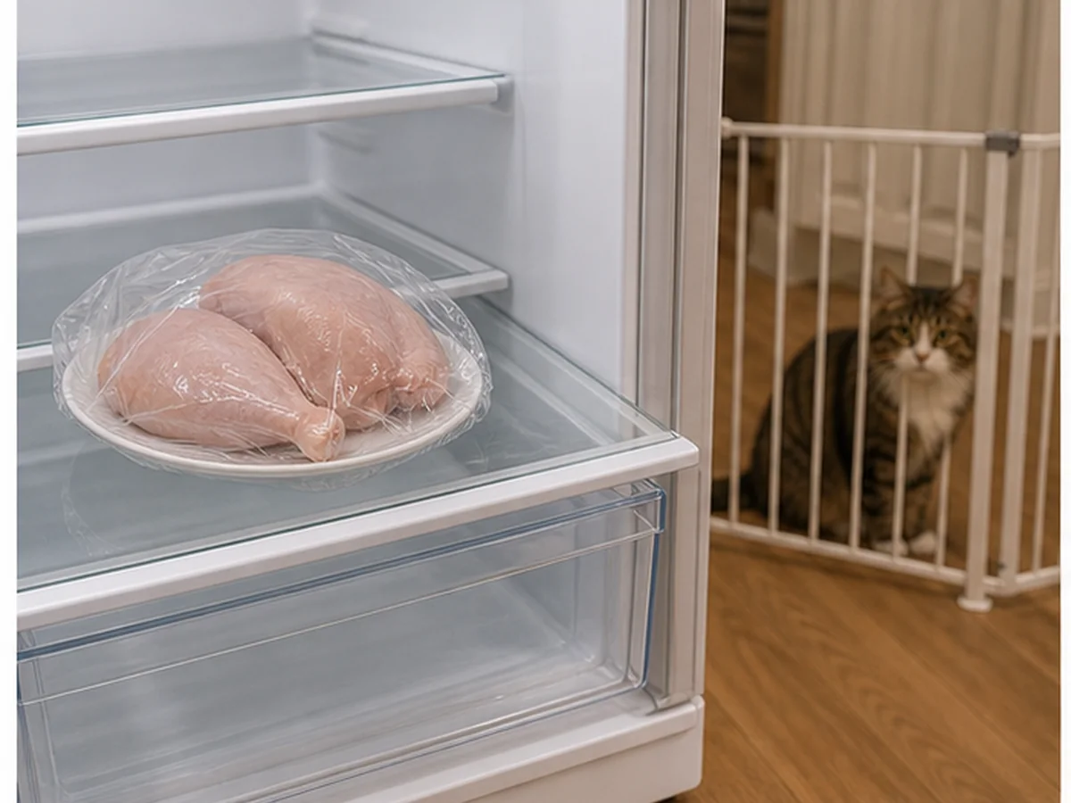 Cat safely separated from chicken in a household scene about kitchen safety protects cats and people