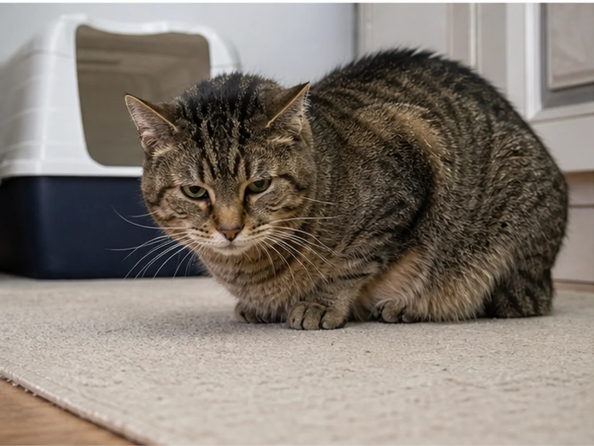 Tabby cat crouching on a kitchen rug