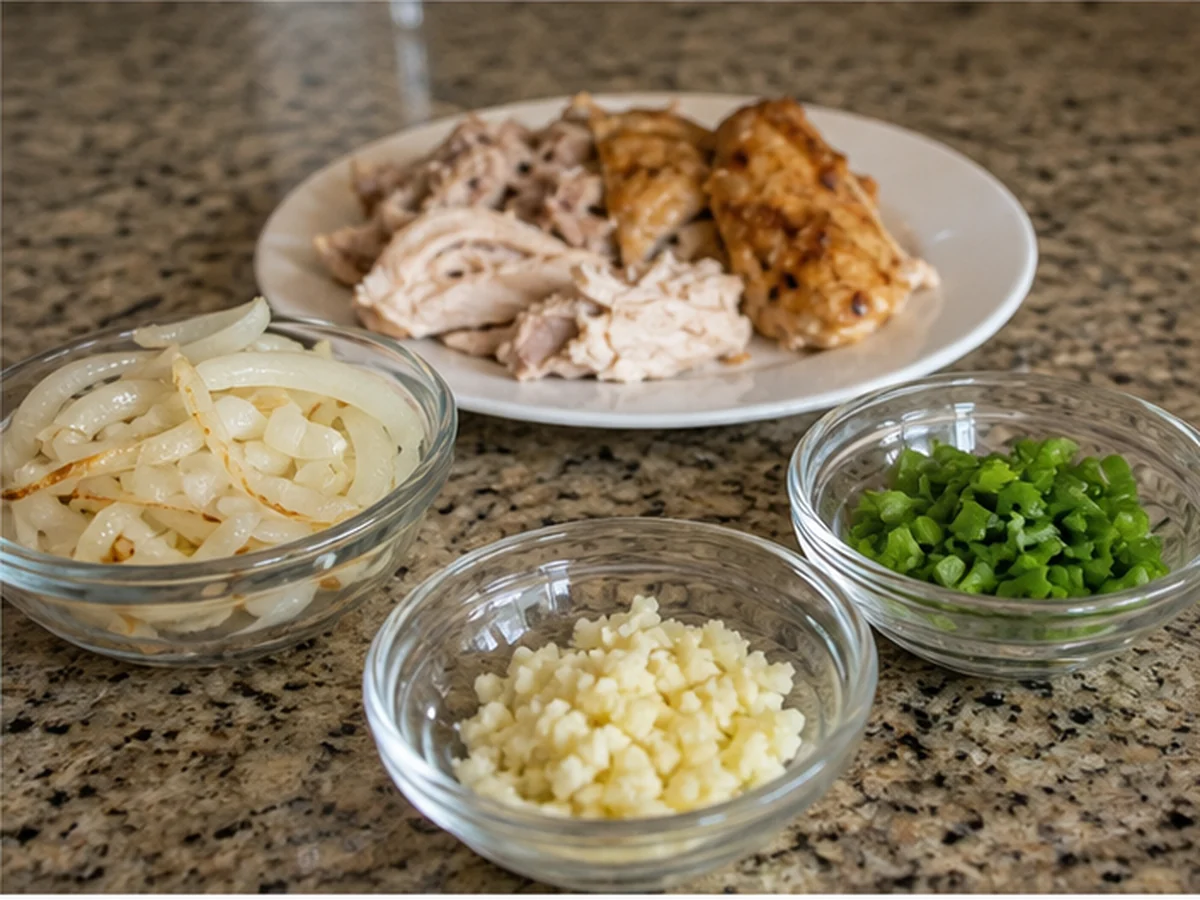 Cooked chicken with bowls of onion, garlic, and green pepper