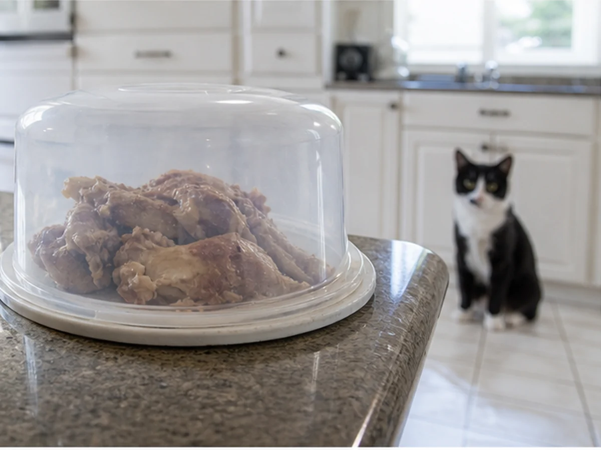 Chicken bones covered on a counter with a cat in the background