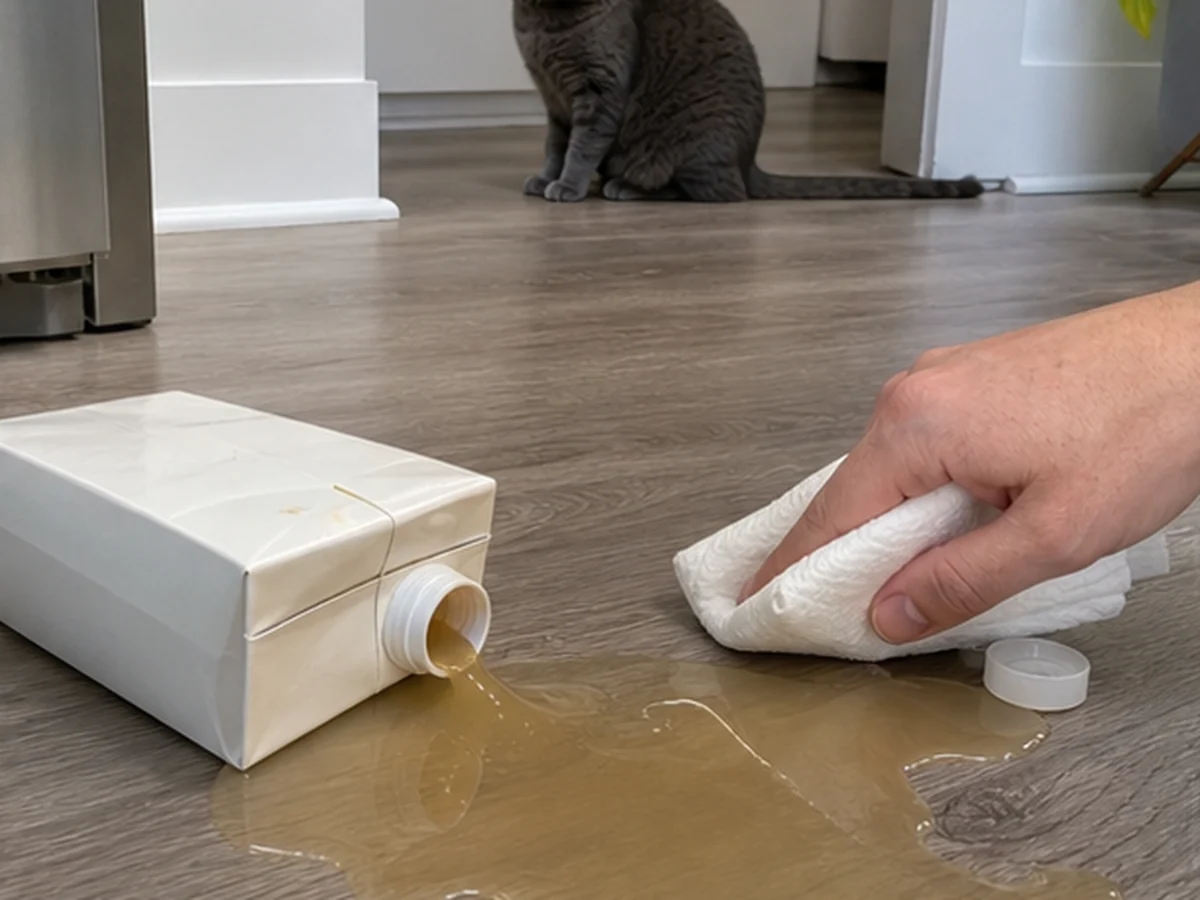 Cat kept behind a kitchen scene involving chicken broth