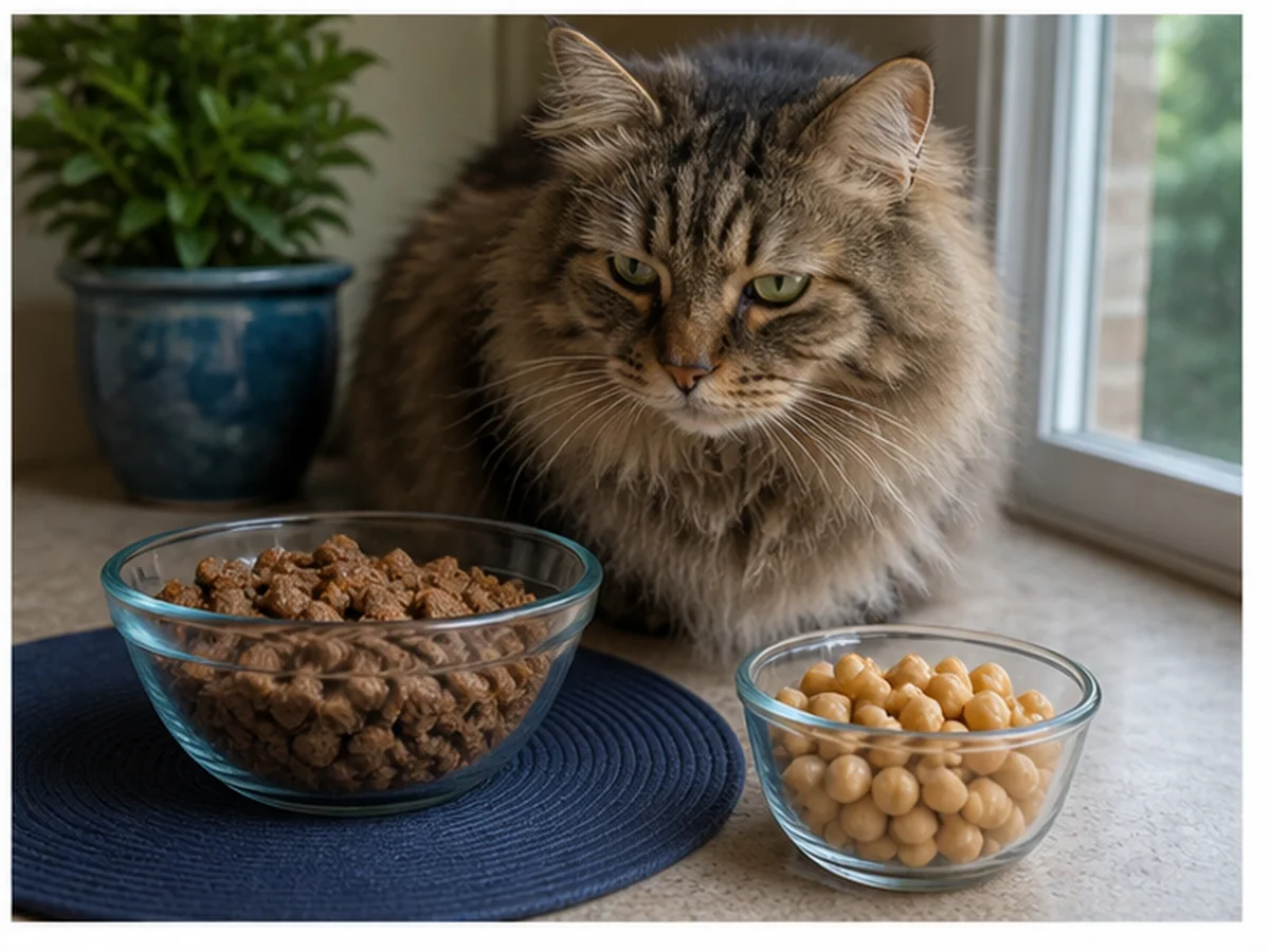 Cat safely separated from chickpeas in a household scene about cats who should skip chickpeas