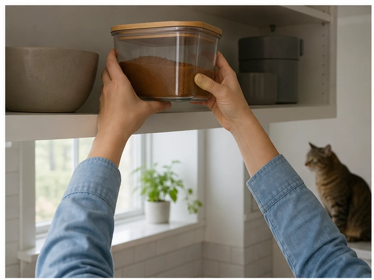 Hands securing ground cinnamon on a high shelf