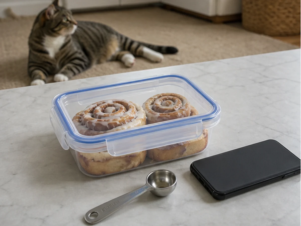 Sealed cinnamon rolls, spoon, and phone with a cat resting away