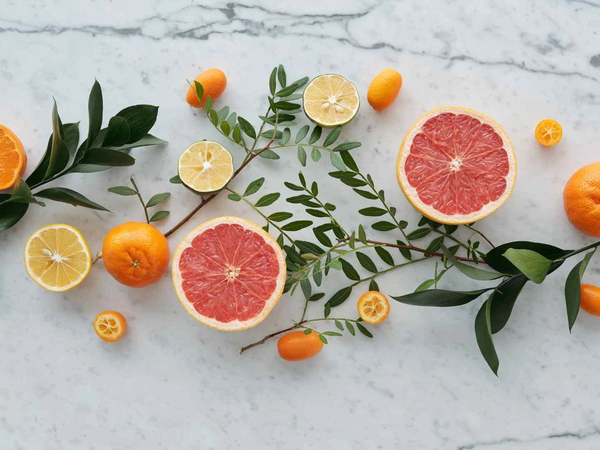 Assorted citrus halves and sprigs arranged on white marble