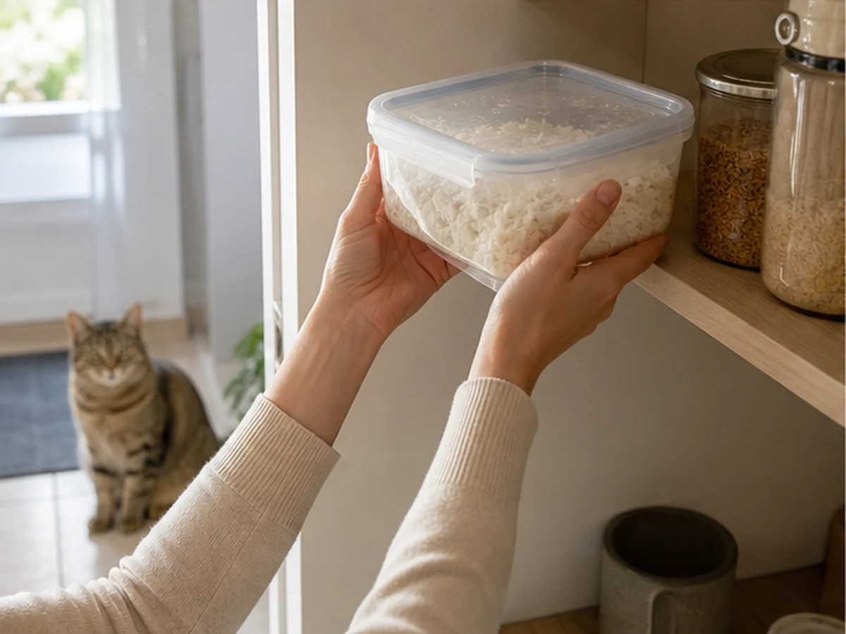 Hands storing coconut pieces on a high shelf with a cat distant