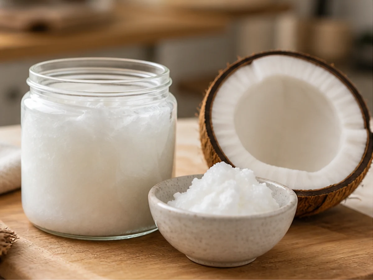 Unlabeled jars of white coconut oil beside a halved coconut