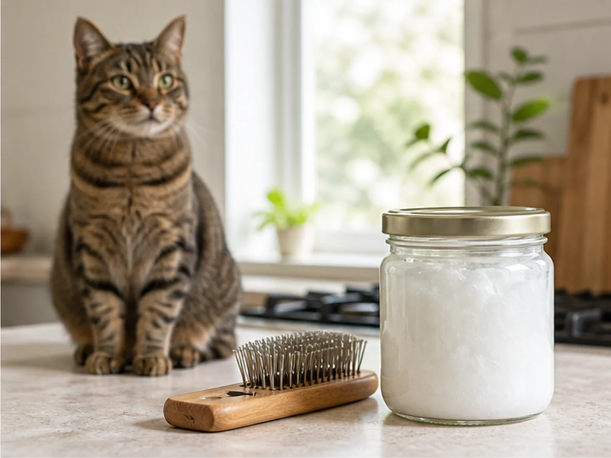 Cat sitting behind a sealed coconut oil jar and grooming brush