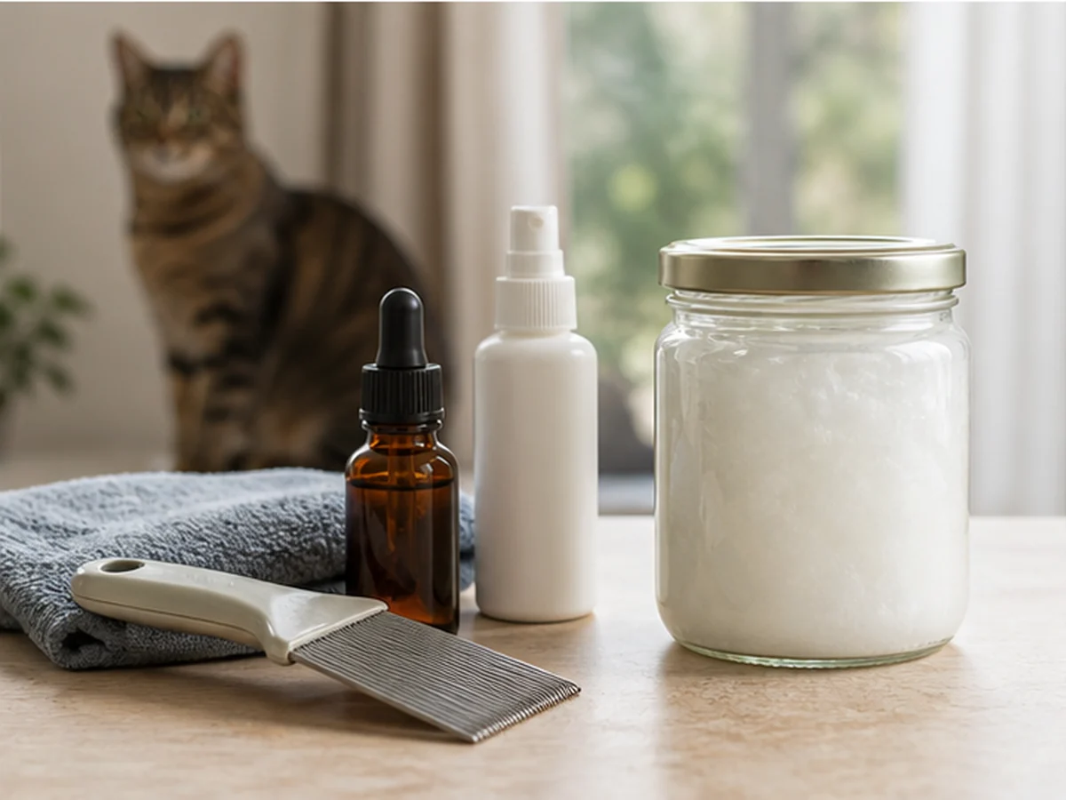 Cat behind a sealed coconut oil jar, flea comb, and care bottles