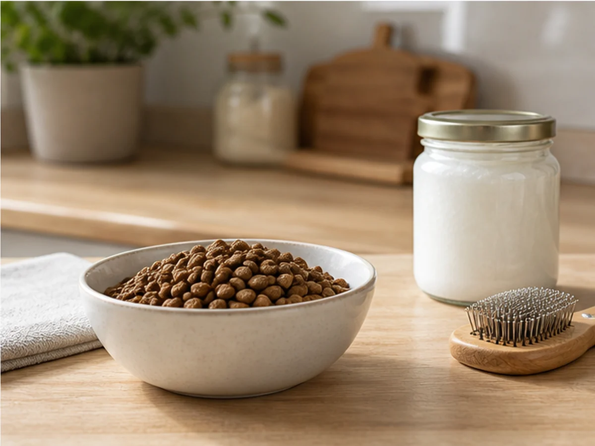 Cat food bowl, sealed coconut oil jar, and grooming brush
