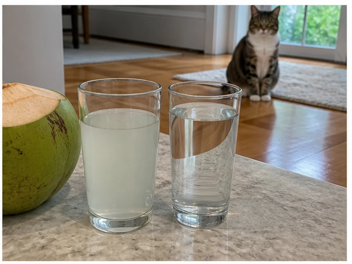 Cat safely separated from coconut water in a household scene about potassium is necessary and still needs boundaries