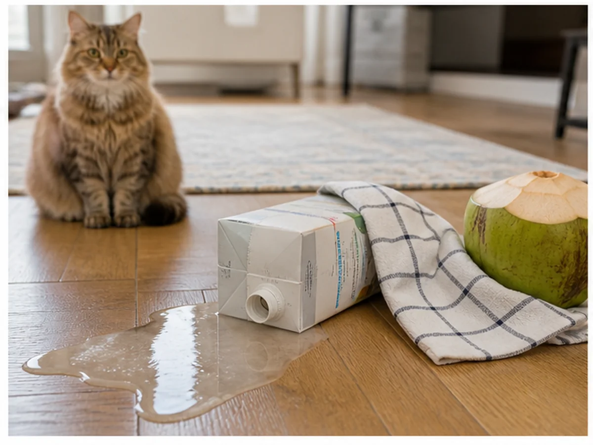 Cat safely separated from coconut water in a household scene about the tipped-carton plan
