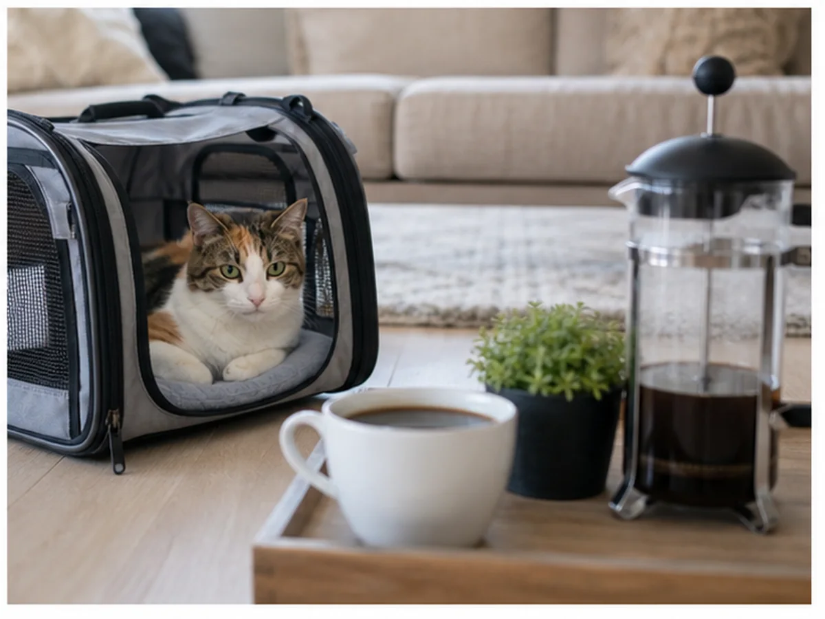 Cat safely separated from coffee in a household scene about heart disease and stimulant medication increase complexity