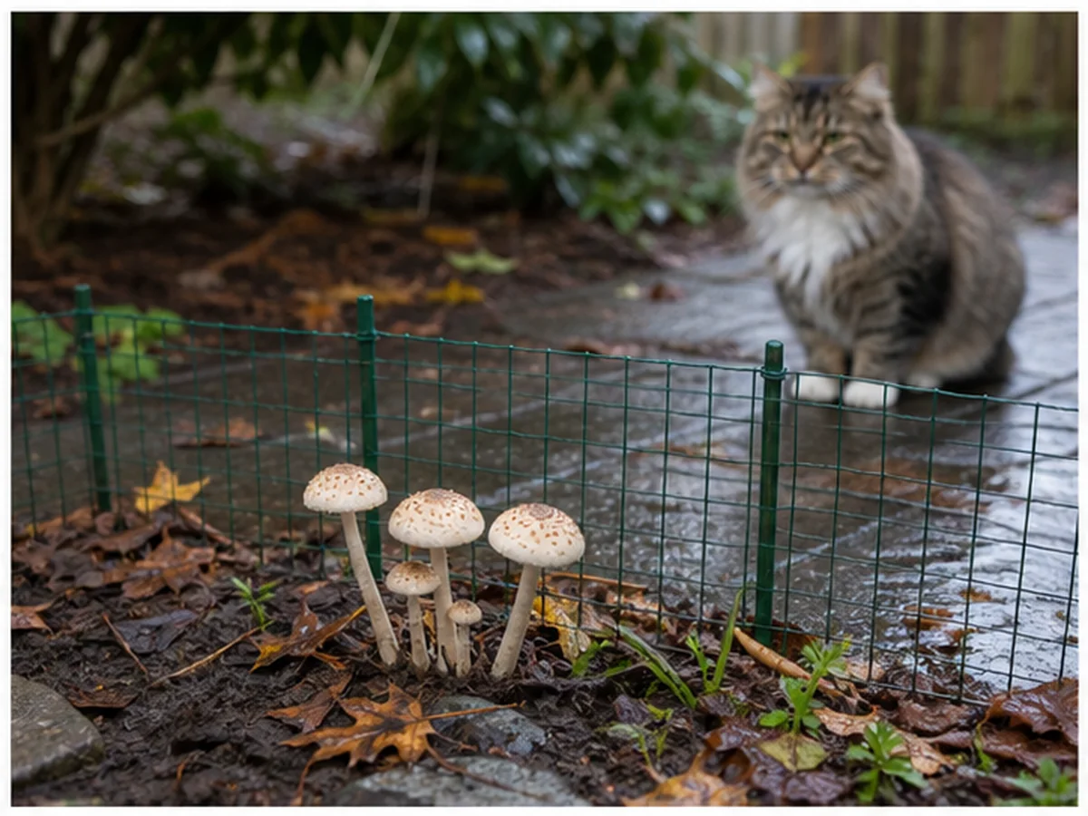 Cat safely separated from cooked mushrooms in a household scene about yard prevention after rain
