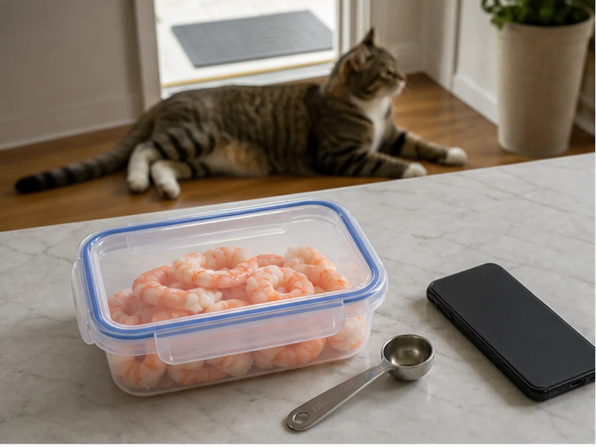 Sealed cooked shrimp, spoon, and phone with a cat resting away