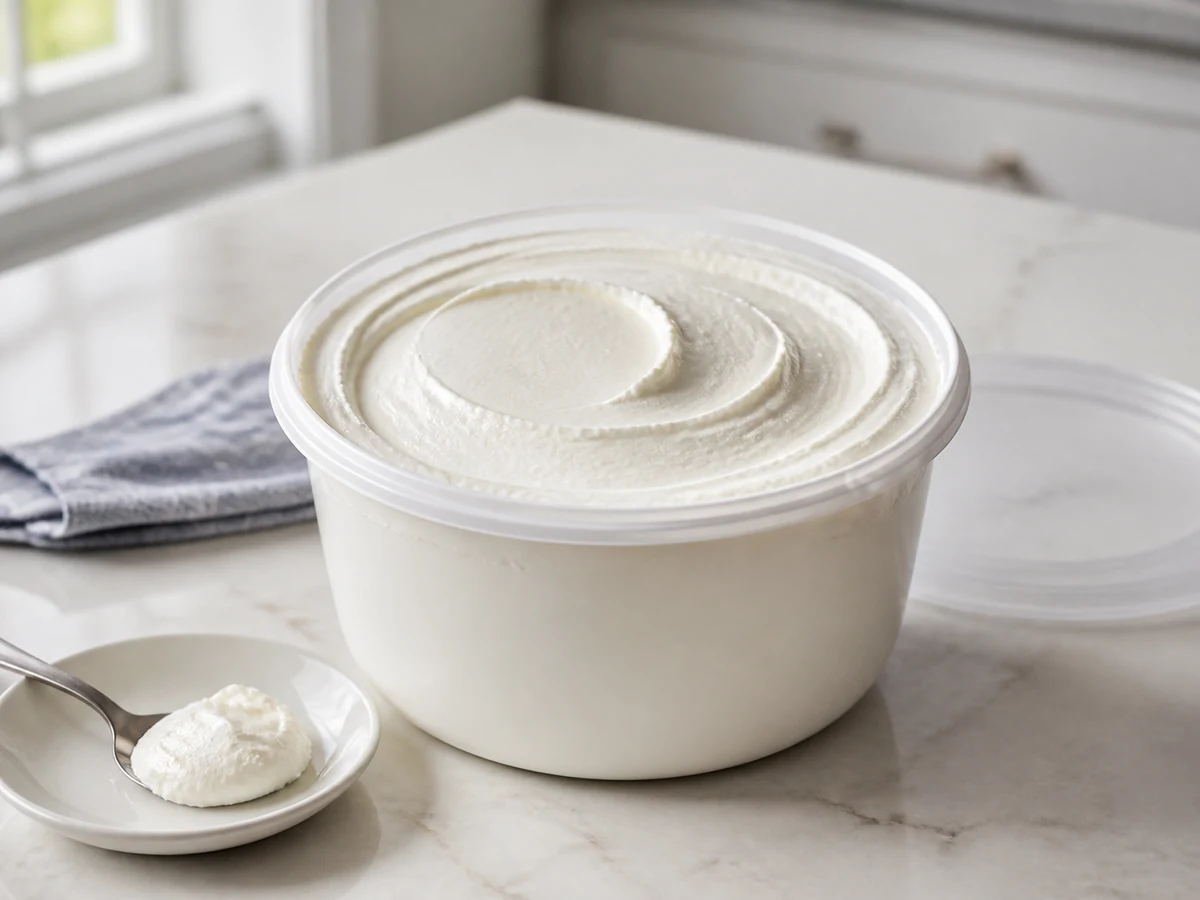 Open white tub of smooth whipped topping with a spoonful on a saucer