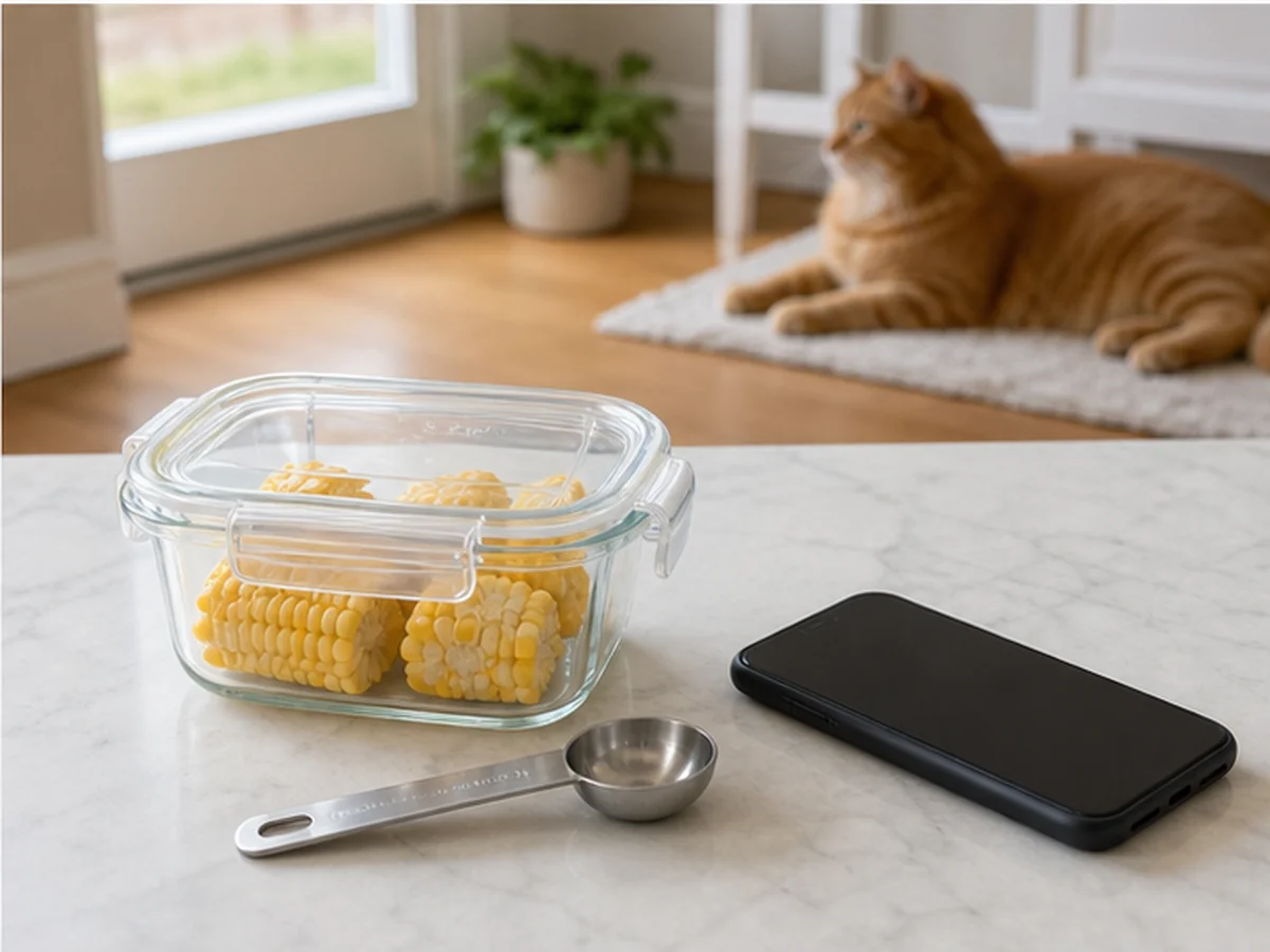 Sealed corn cob pieces, spoon, and phone with a cat resting away