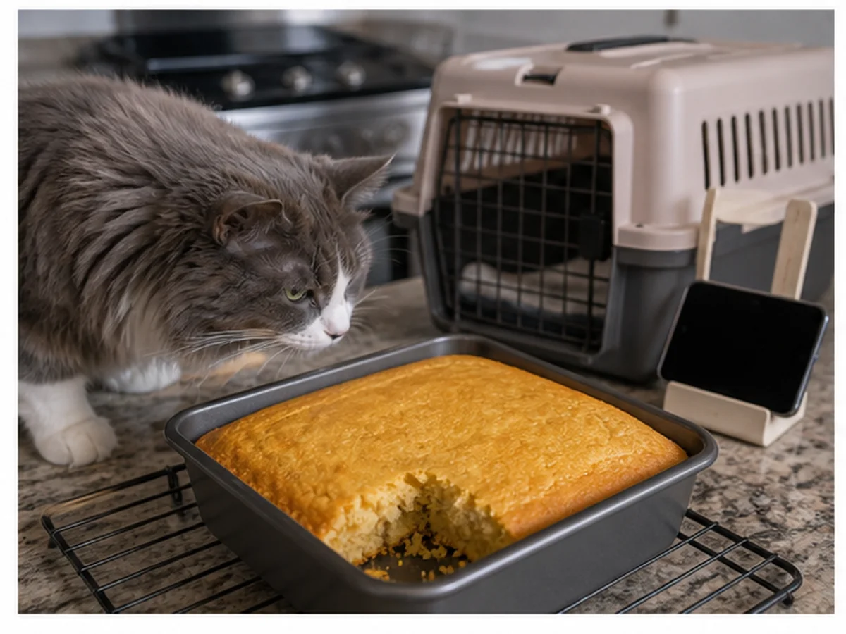 Cat safely separated from cornbread in a household scene about a stepwise response after the pan raid