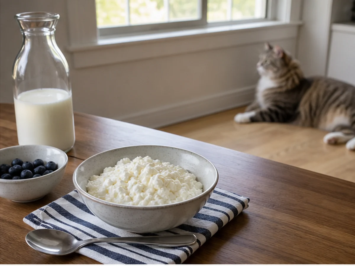 Cottage cheese, milk, and blueberries with cats sitting well away