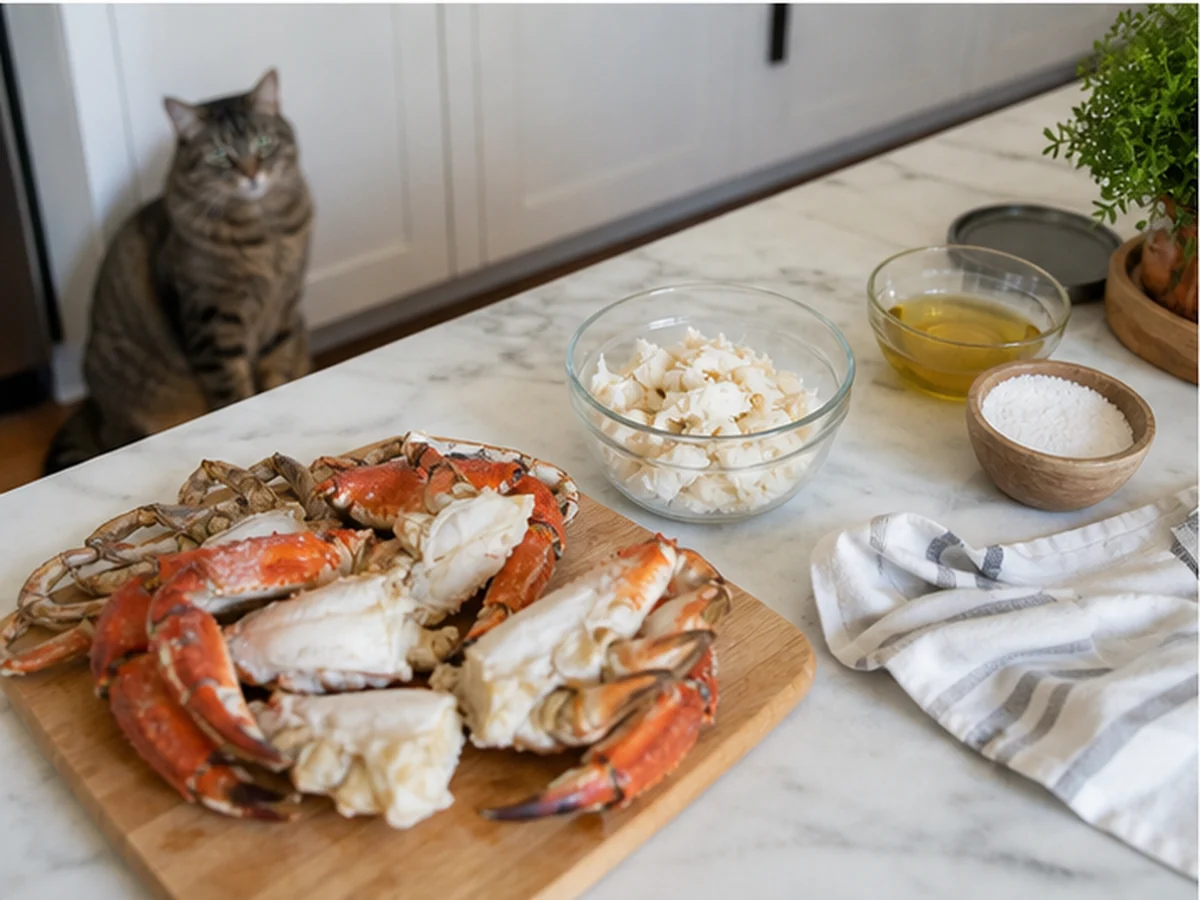 Cooked crab meat and ingredients on a counter with cats distant