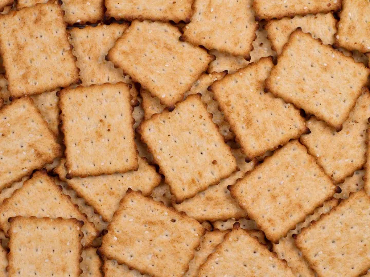 Many small square crackers filling the frame