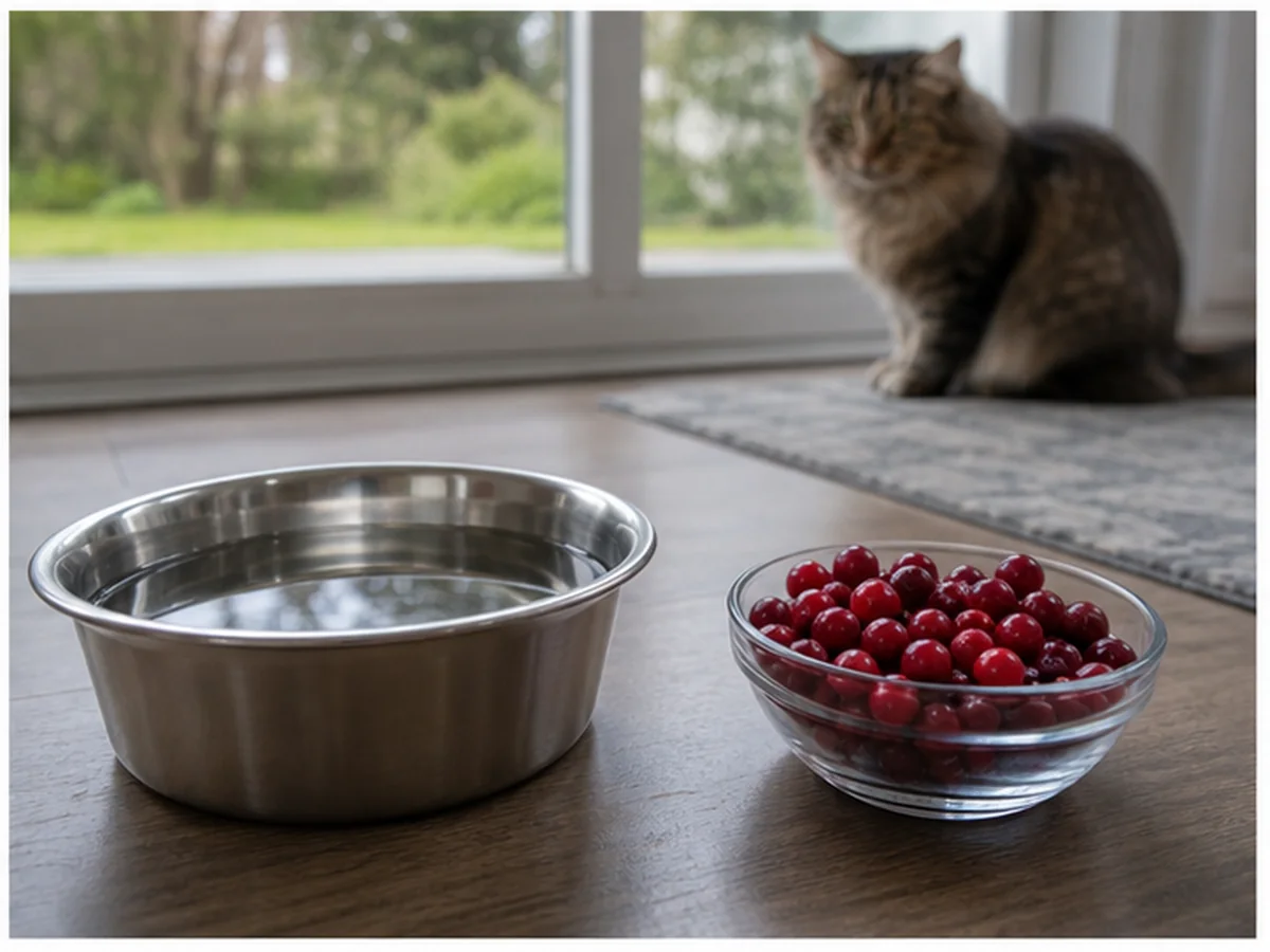 Cat safely separated from cranberries in a household scene about a practical hydration conversation