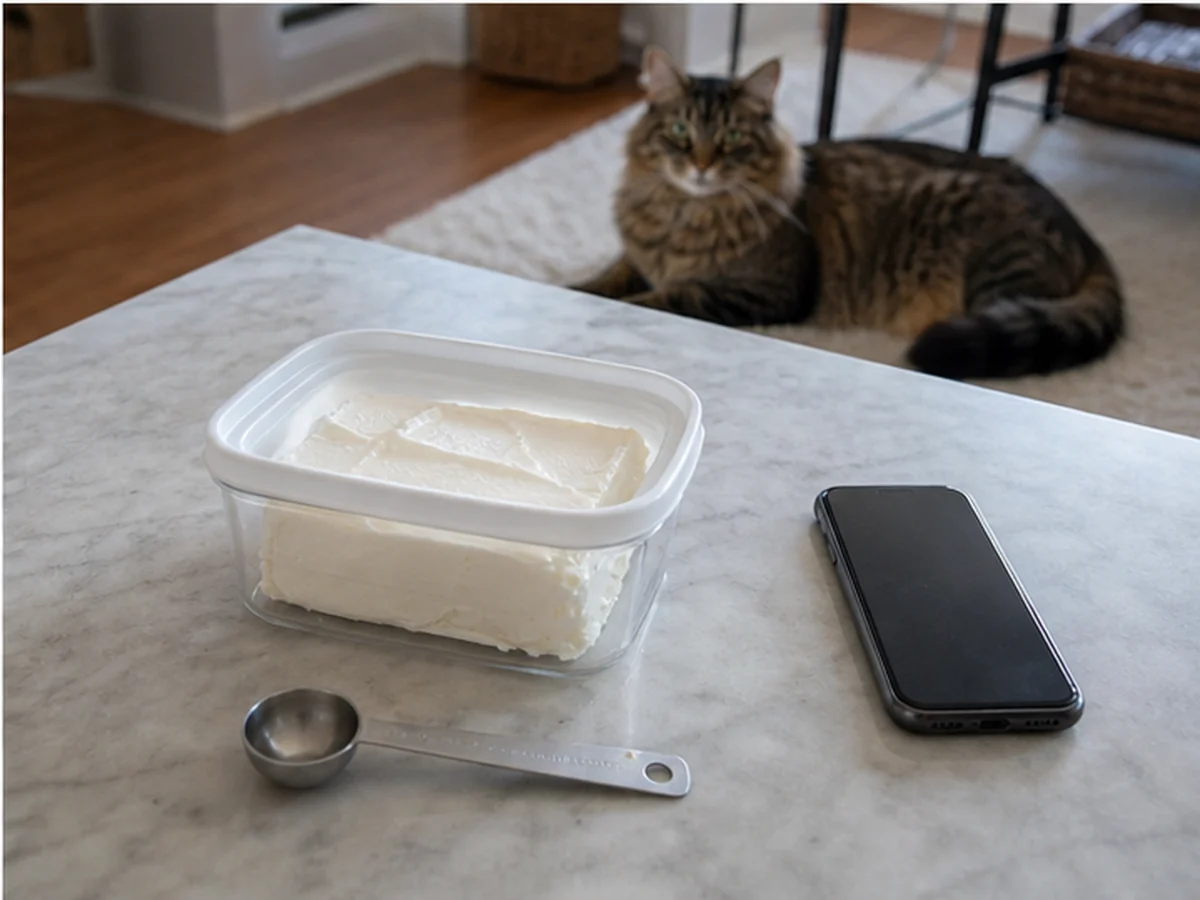 Sealed cream cheese, spoon, and phone with a cat resting away