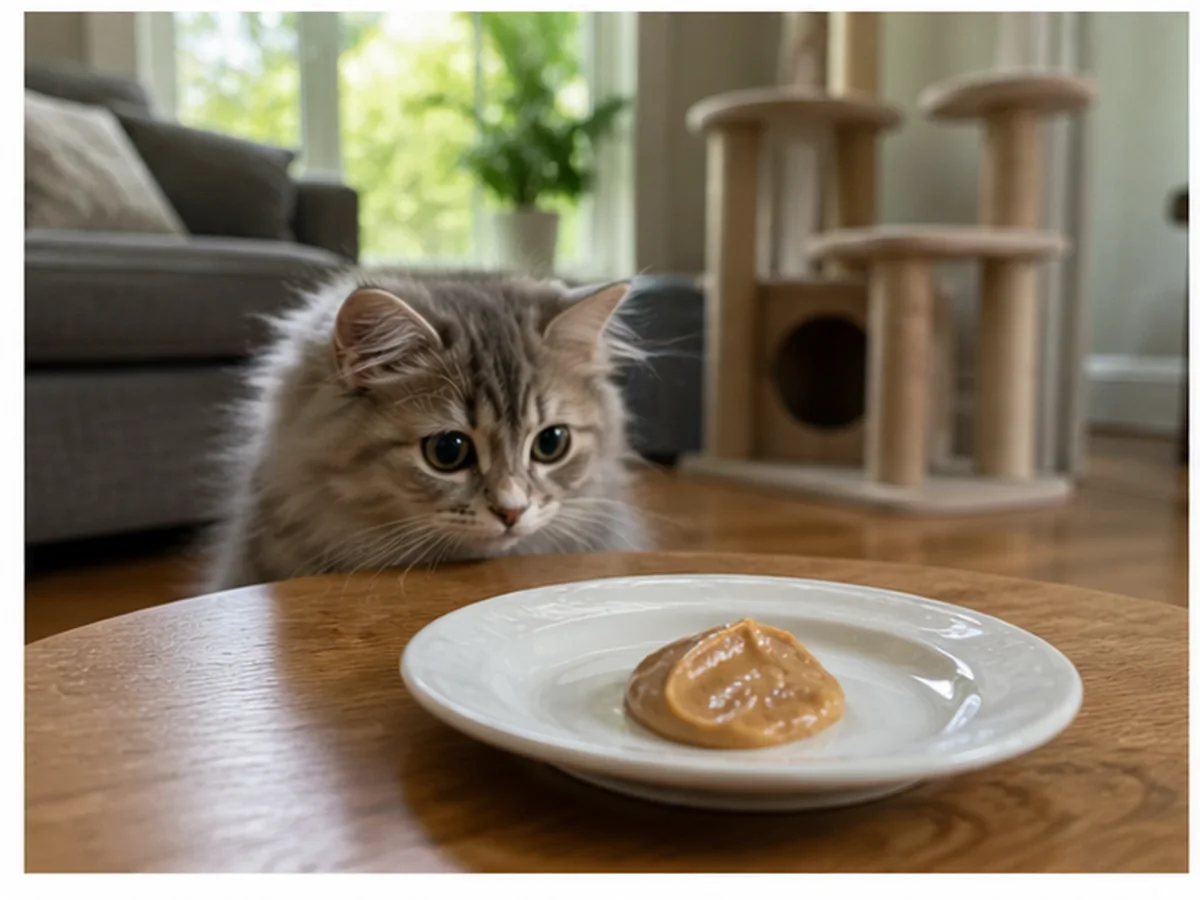Cat safely separated from crunchy peanut butter in a household scene about a calm response after a tiny ordinary lick