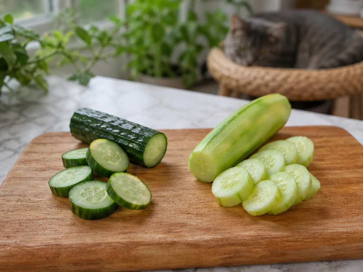 Cucumbers arranged in a natural kitchen scene