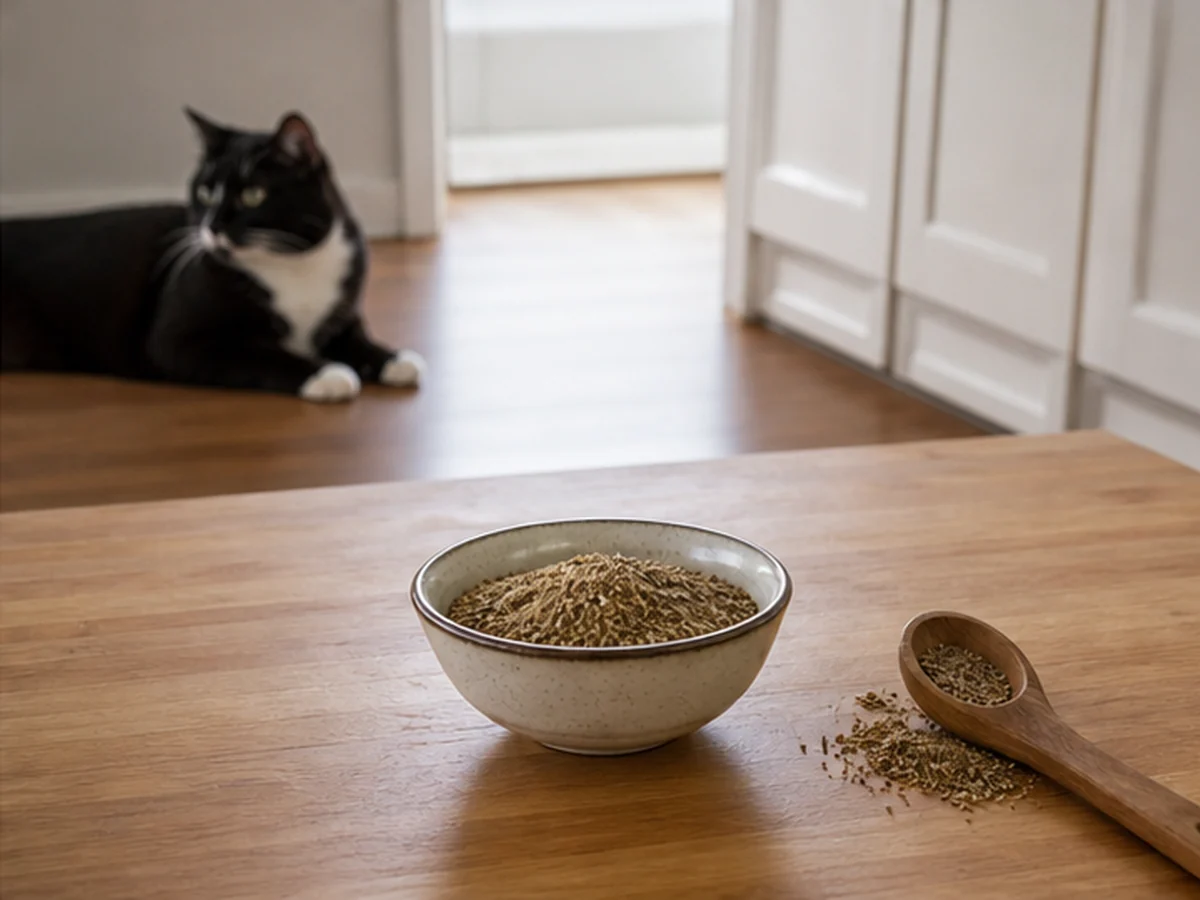 Bowl of cumin seeds on a counter with a cat sitting well away
