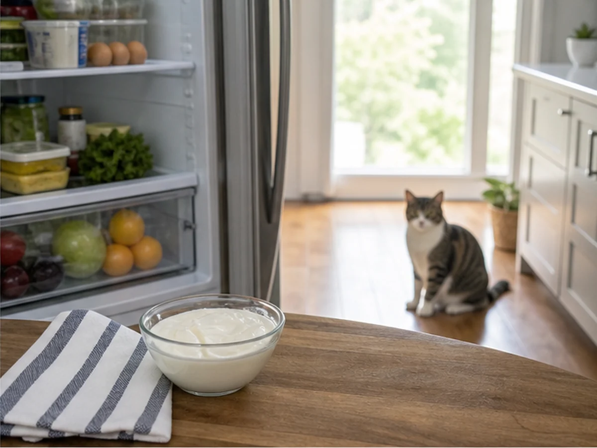 Open refrigerator and dairy bowl with two cats sitting well away