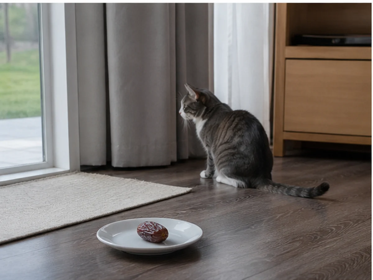 Cat kept behind a kitchen scene involving dates
