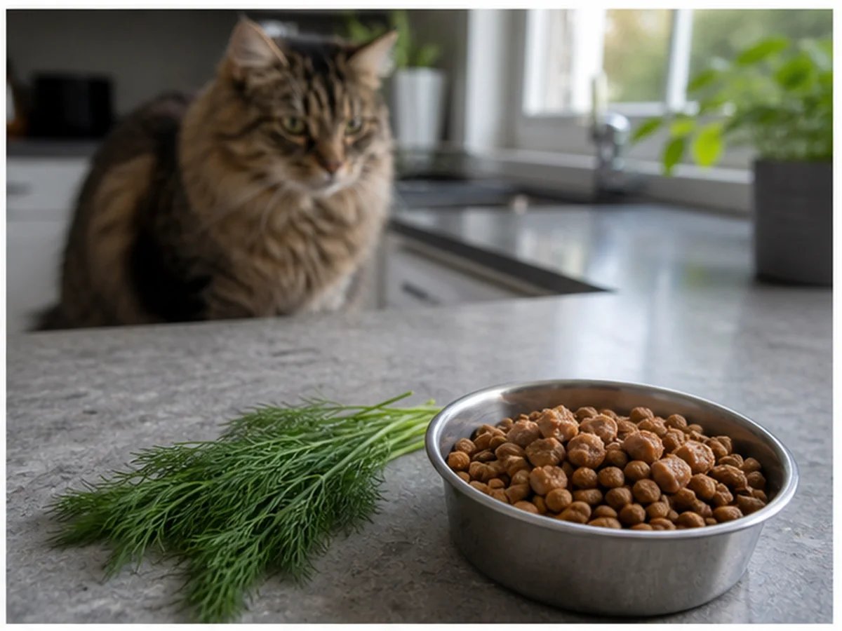Cat safely separated from dill in a household scene about the nutritional verdict